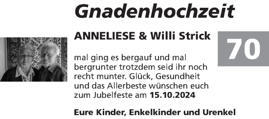 Glückwunschanzeige von Anneliese & Willi Strick von Zeitung am Sonntag