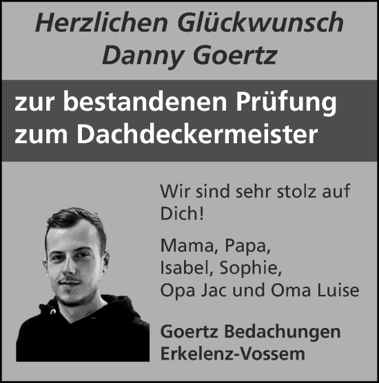 Glückwunschanzeige von Danny Goertz von Zeitung am Sonntag