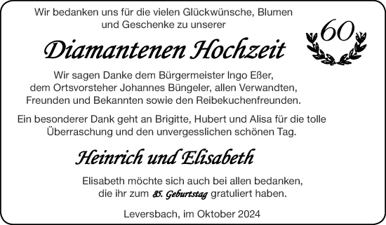 Glückwunschanzeige von Heinrich und Elisabeth  von Zeitung am Sonntag