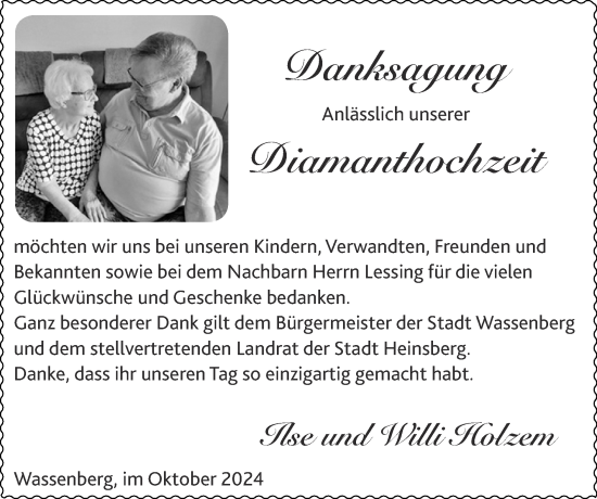 Glückwunschanzeige von Ilse und Willi Holzem von Zeitung am Sonntag