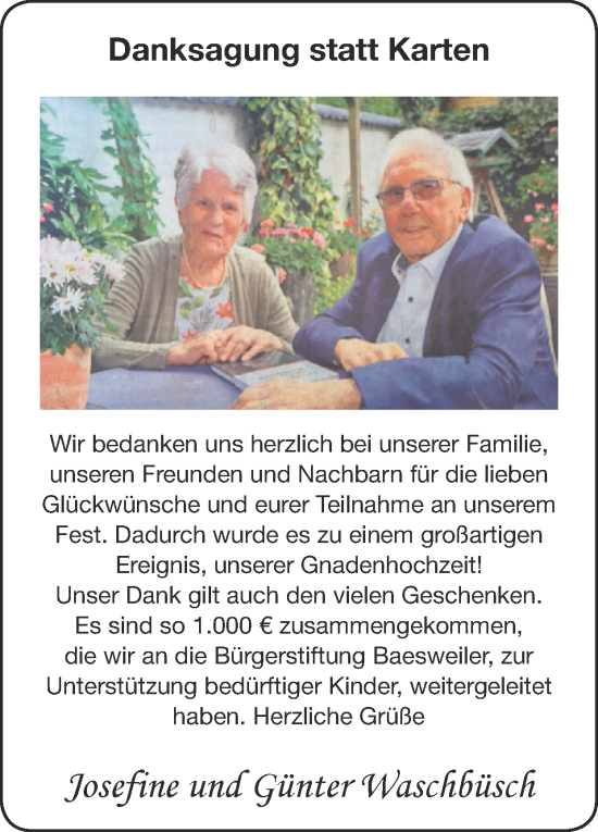 Glückwunschanzeige von Josefine und Günter Waschbüsch von Zeitung am Sonntag