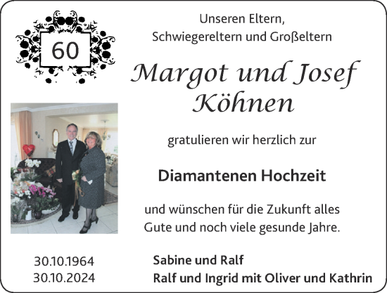 Glückwunschanzeige von Margot und Josef Köhnen von Zeitung am Sonntag