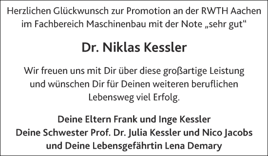 Glückwunschanzeige von Niklas Kessler von Zeitung am Sonntag