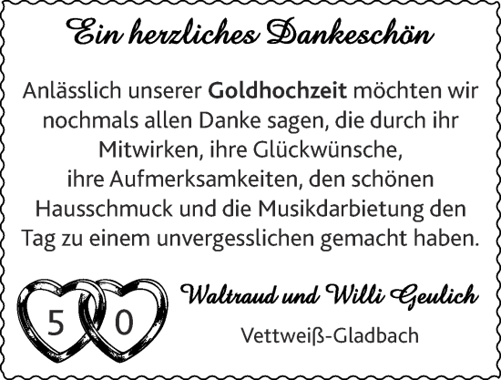 Glückwunschanzeige von Waltraud und Willi Geulich von Zeitung am Sonntag