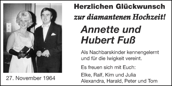 Glückwunschanzeige von Annette und Hubert Fuß von Zeitung am Sonntag