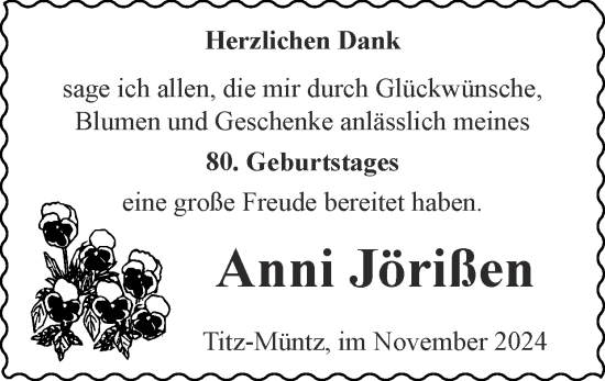 Glückwunschanzeige von Anni Jörißen von Zeitung am Sonntag