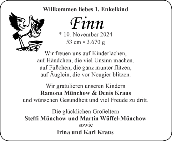 Glückwunschanzeige von Finn  von Zeitung am Sonntag