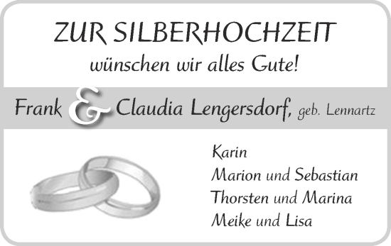 Glückwunschanzeige von Frank und Claudia Lengersdorf von Zeitung am Sonntag