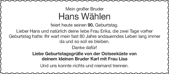 Glückwunschanzeige von Hans Wählen von Aachener Zeitung