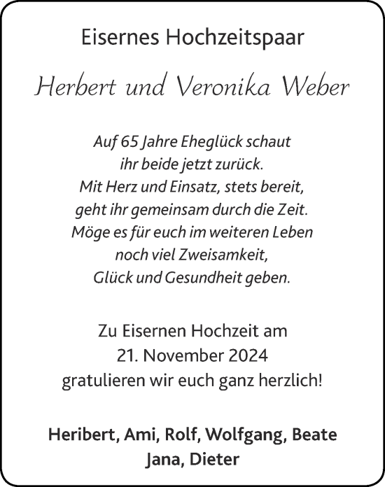 Glückwunschanzeige von Herbert und Veronika Weber von Zeitung am Sonntag