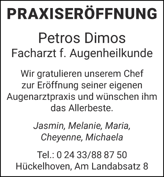 Glückwunschanzeige von Petros Dimos von Zeitung am Sonntag