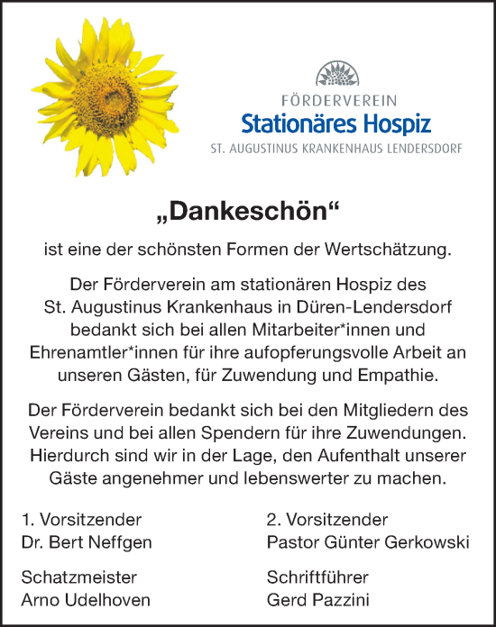 Glückwunschanzeige von Förderverein Hospiz des St. Augustinus Krankenhaus von Zeitung am Sonntag