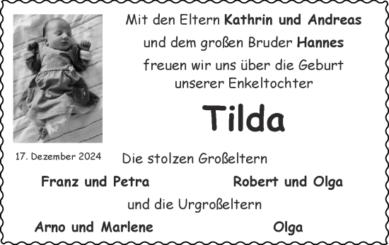 Glückwunschanzeige von Tilda  von Zeitung am Sonntag