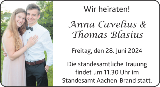 Glückwunschanzeige von Anna Cavelius Thomas Blasius von Aachener Zeitung