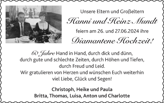 Glückwunschanzeige von Hanni und Heinz Mundt von Zeitung am Sonntag