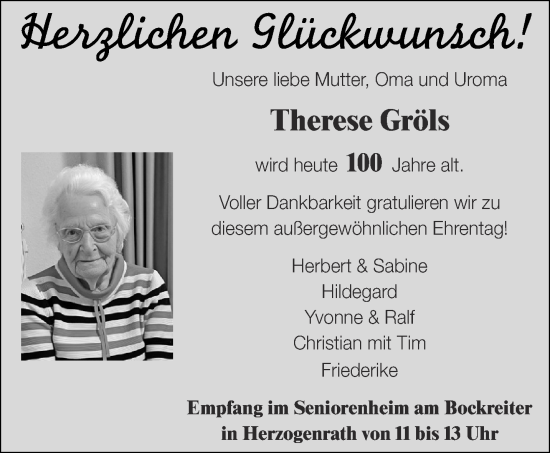 Glückwunschanzeige von Therese Gröls von Aachener Zeitung