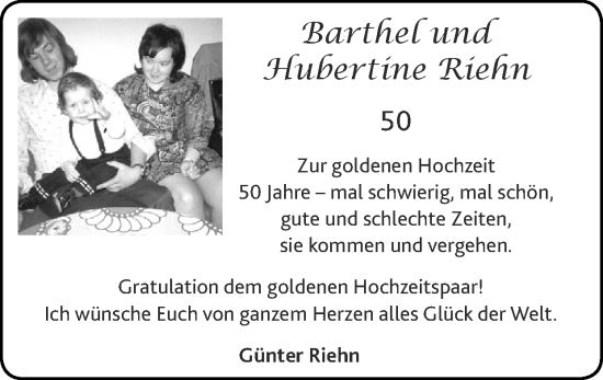 Glückwunschanzeige von Barthel und Hubertine Riehn von Zeitung am Sonntag