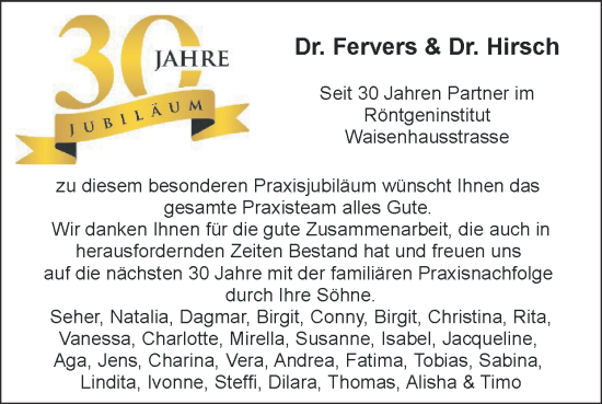 Glückwunschanzeige von Dr. Fervers und Dr. Hirsch  von Zeitung am Sonntag