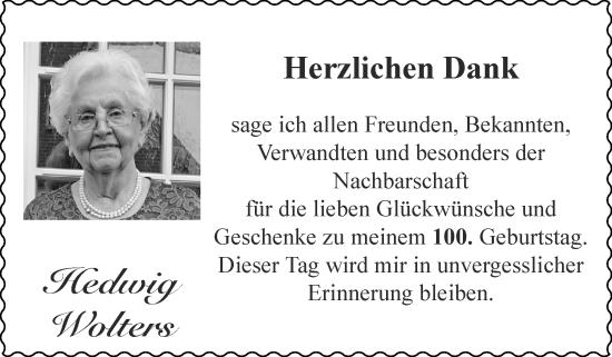 Glückwunschanzeige von Hedwig Wolters von Zeitung am Sonntag