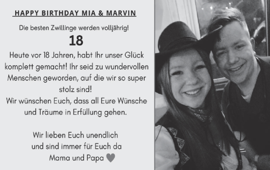 Glückwunschanzeige von Mia und Marvin  von Zeitung am Sonntag