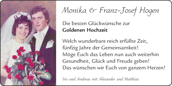Glückwunschanzeige von Monika und Franz-Josef Hogen von Zeitung am Sonntag