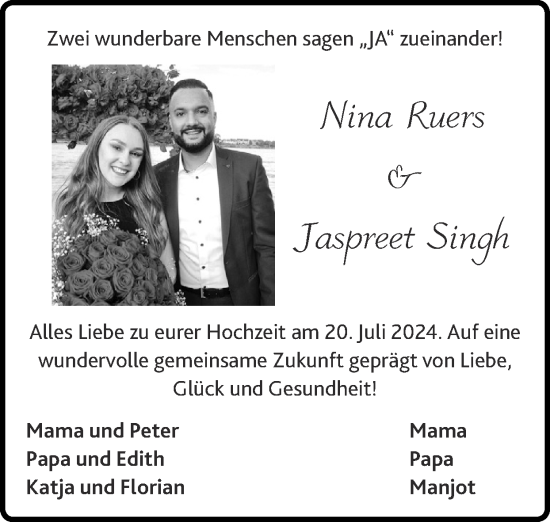 Glückwunschanzeige von Nina und Jaspreet  von Zeitung am Sonntag