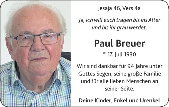 Glückwunschanzeige von Paul Breuer von Zeitung am Sonntag