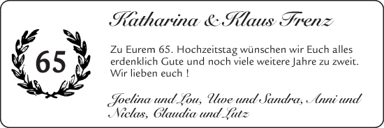 Glückwunschanzeige von Katharina und Klaus Frenz von Zeitung am Sonntag