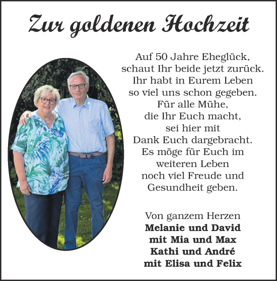 Glückwunschanzeige von Zur goldenen Hochzeit  von Zeitung am Sonntag