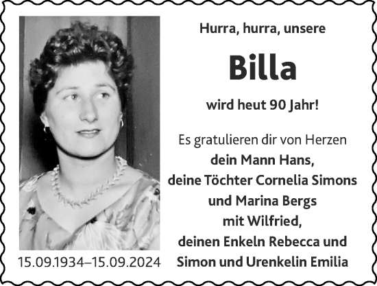 Glückwunschanzeige von Billa  von Zeitung am Sonntag