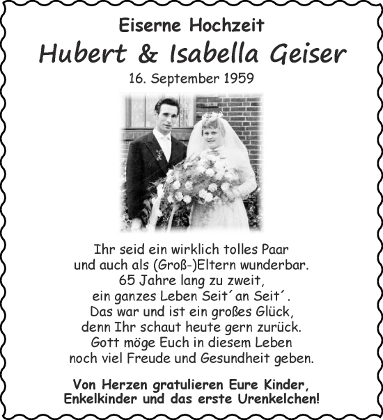 Glückwunschanzeige von Hubert und Isabella Geiser von Aachener Zeitung