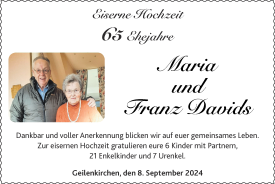 Glückwunschanzeige von Maria und Franz Davids von Zeitung am Sonntag