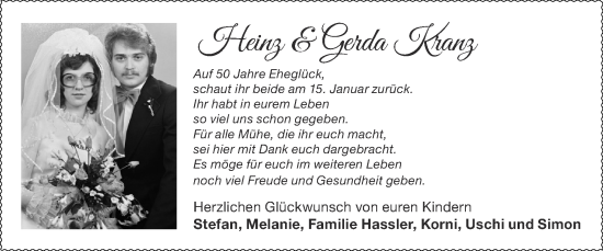 Glückwunschanzeige von Heinz und Gerda Kranz von Zeitung am Sonntag